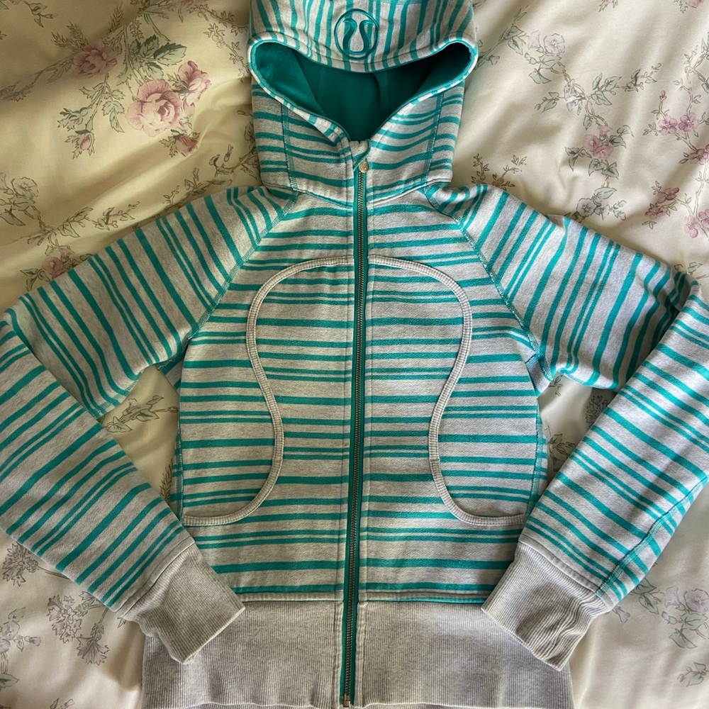 lululemon athletica Teal and Light Gray Striped Full-Zip Hoodie